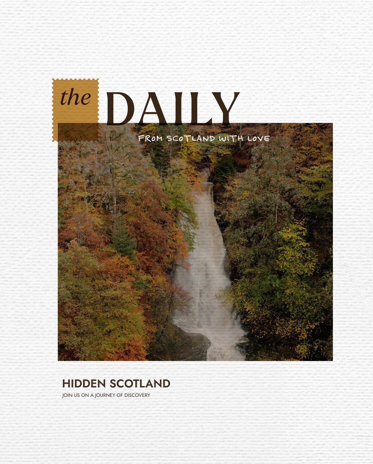 The Daily for 28 October, from Scotland with love. The same waterfall seen closer, its churning white water framed by orange and red autumn foliage.
