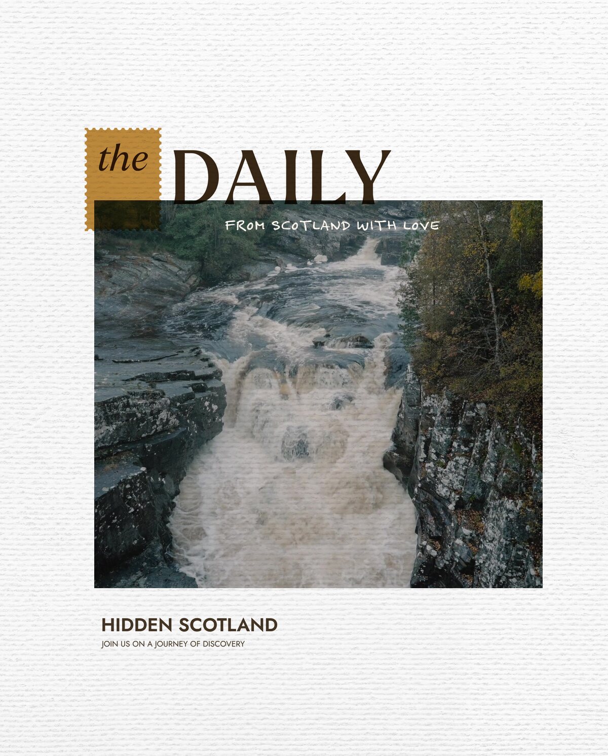 The Daily for 17 October, from Scotland with love. A wide waterfall churns over rock ledges, autumn trees lining the gorge.