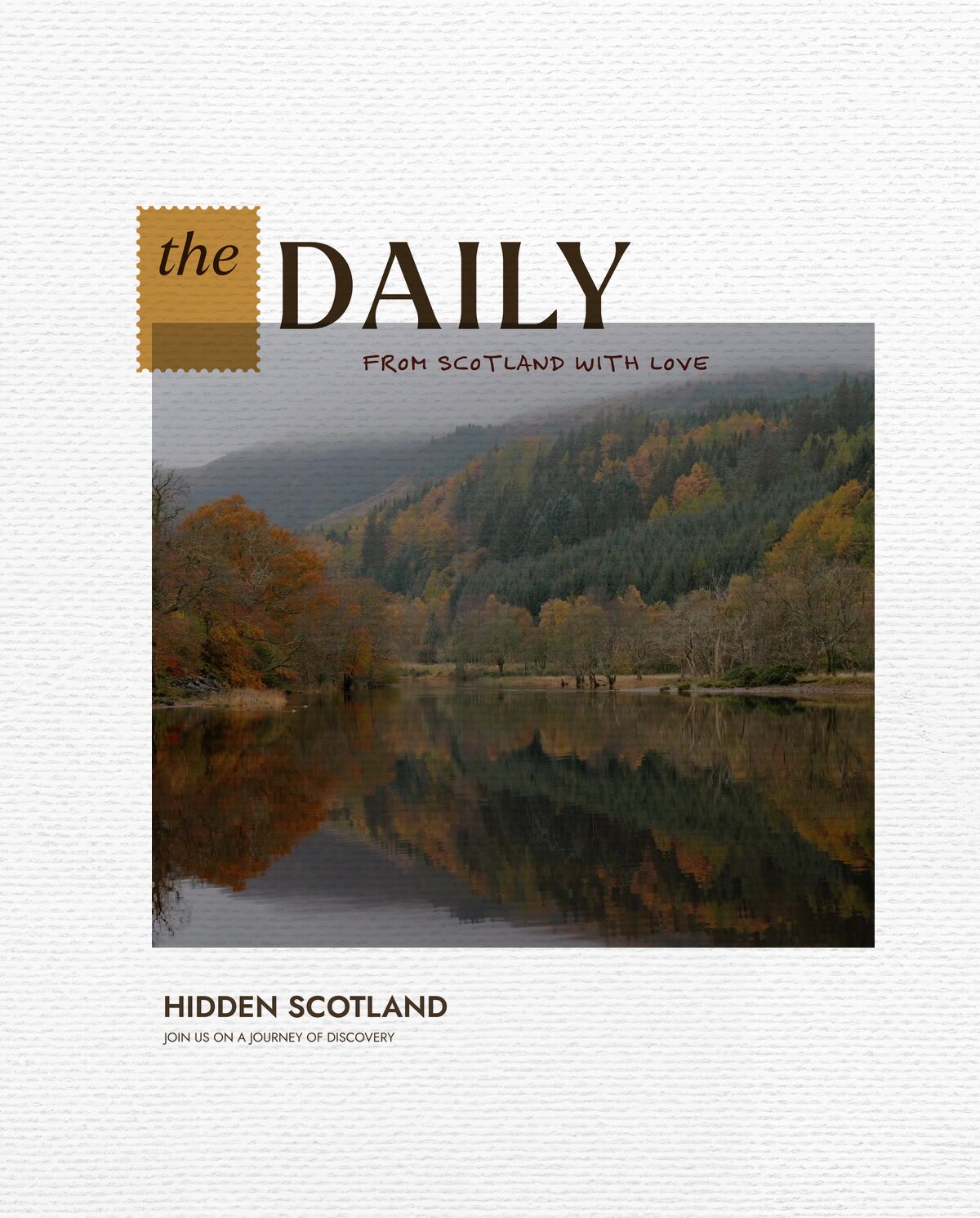 The Daily for 19 October, from Scotland with love. bare tree stumps standing in an autumn loch, forested hills reflected in the still water