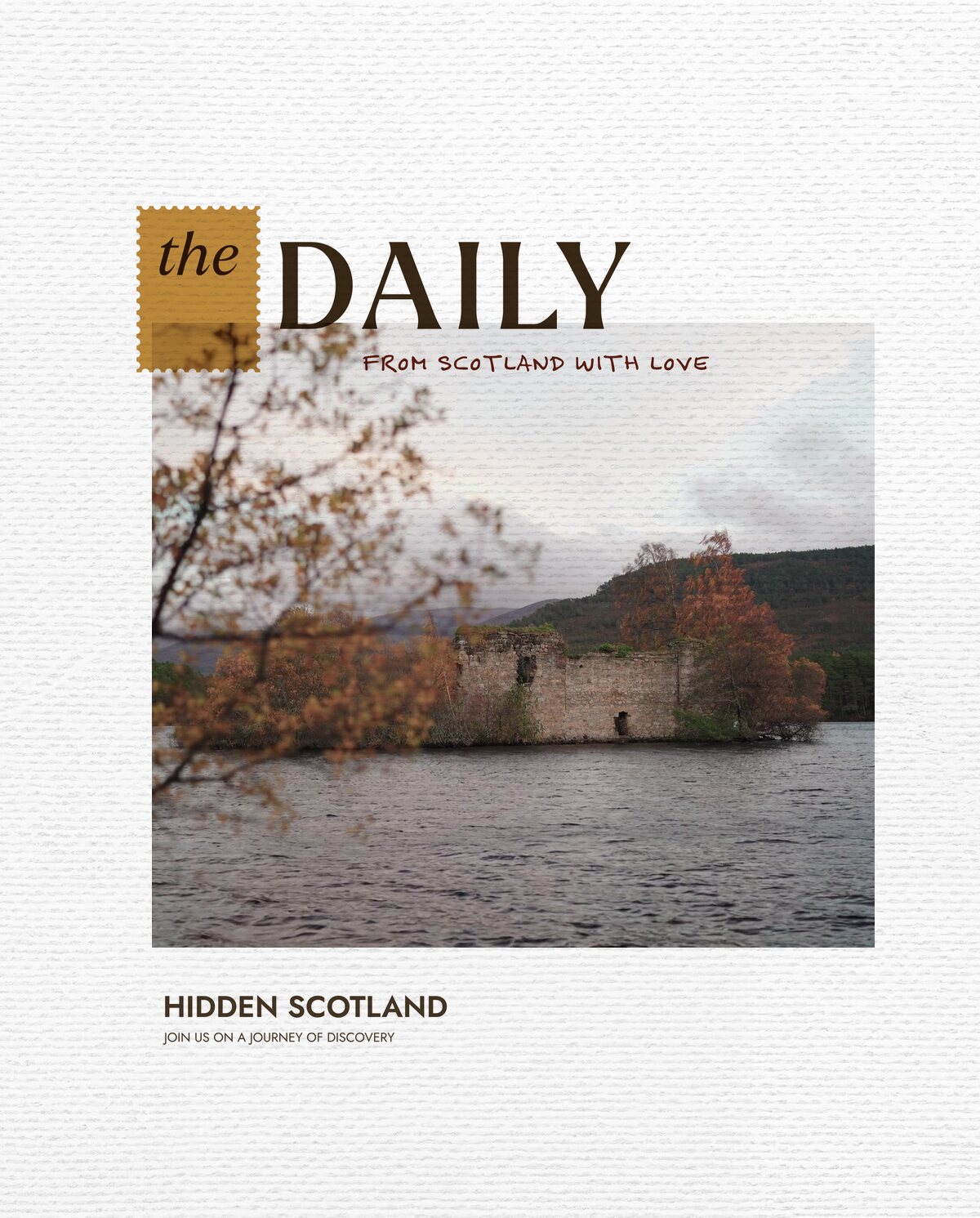 The Daily for 20 October, from Scotland with love. The broken stone walls of a lochside castle rise from a small tree-covered island, autumn foliage glowing orange against the dark water and forested hillside beyond.