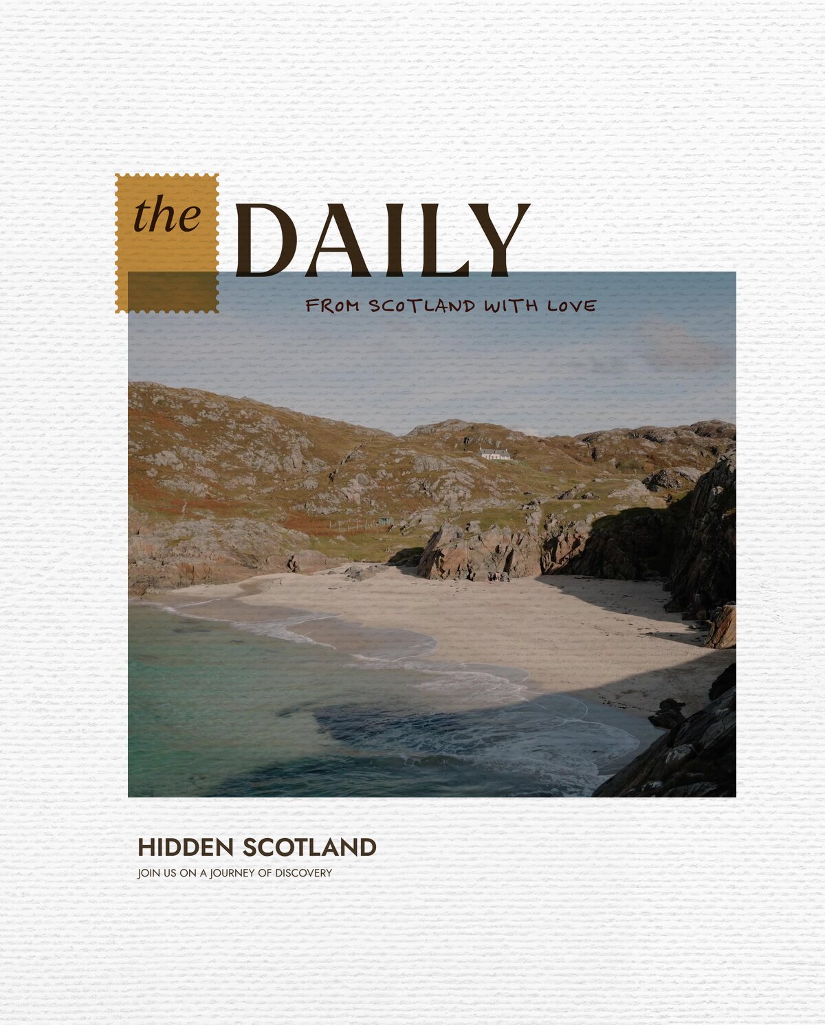 The Daily for 27 October, from Scotland with love. An aerial view shows a sandy cove between rocky headlands, a white house standing on the autumn-toned hillside above the turquoise sea.