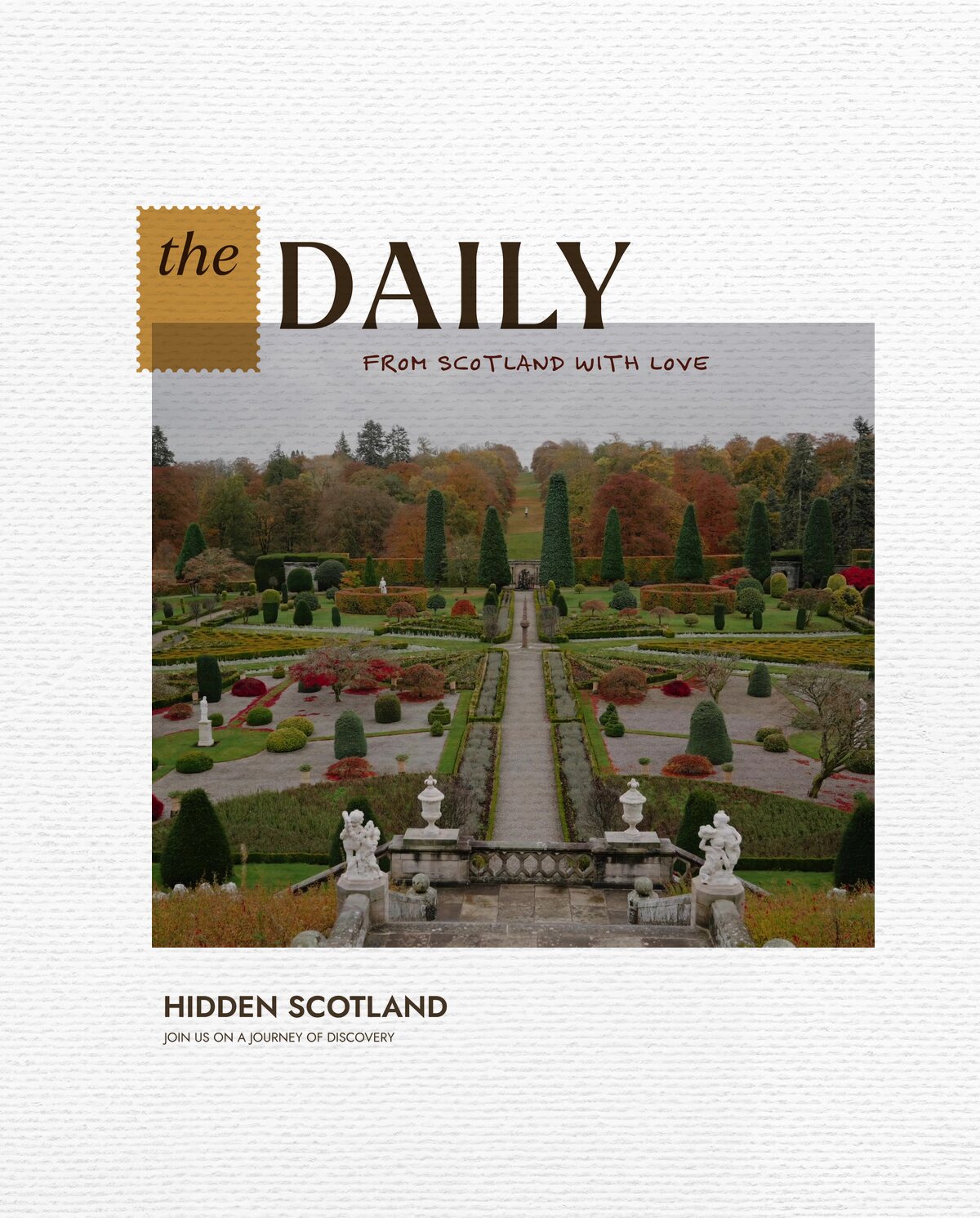 The Daily for 29 October, from Scotland with love. An aerial view from a garden staircase looks down a formal garden's central path, statues and cherub urns lining the balustrade in the foreground.