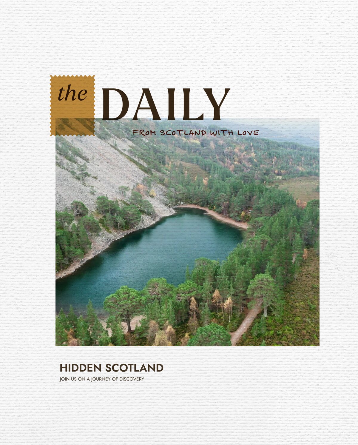 The Daily for 30 October, from Scotland with love. Aerial view of a teal-coloured lochan cupped in a forested hollow, a scree slope rising on one side and autumn-tinged pines ringing the shore.