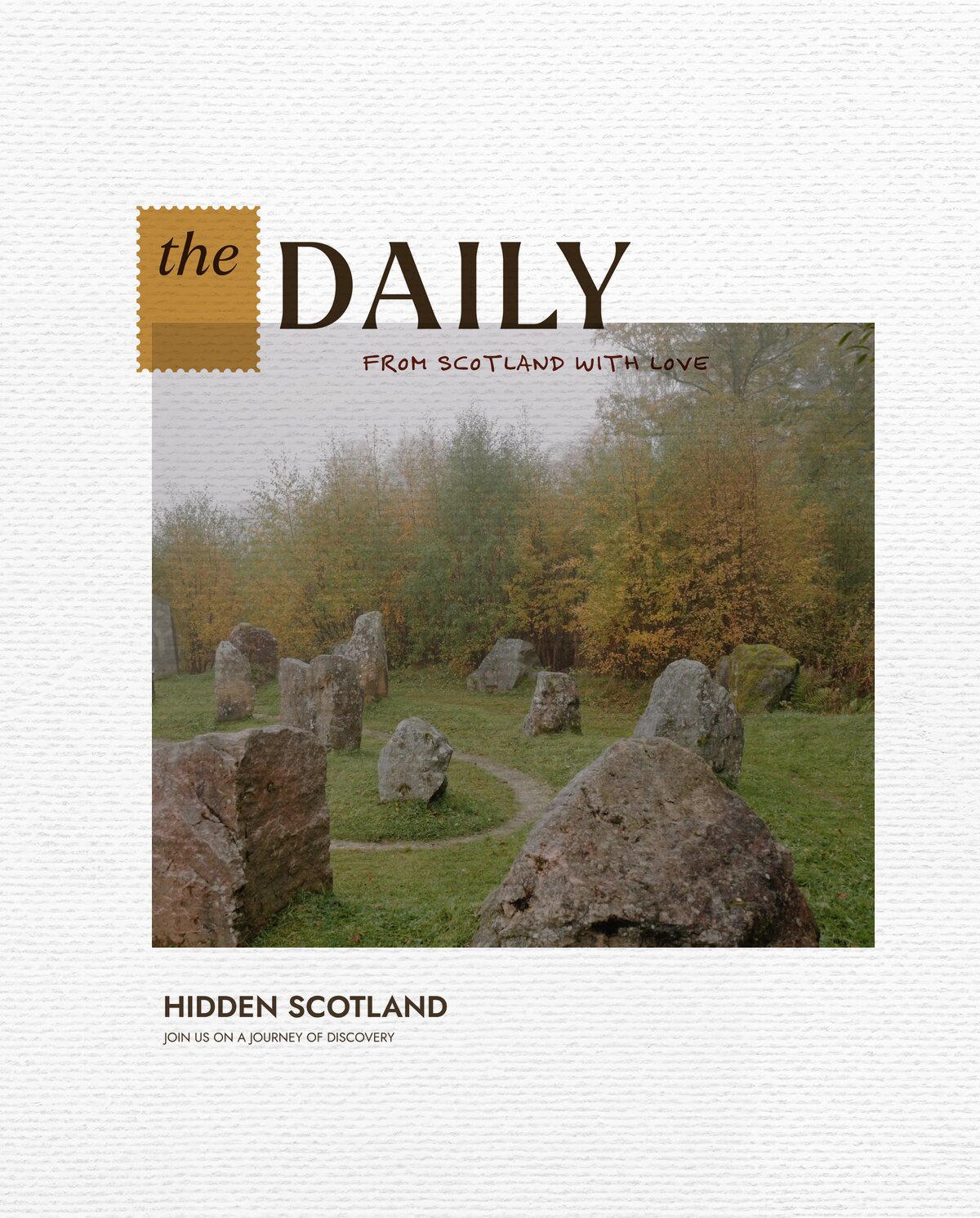 The Daily for 31 October, from Scotland with love. A ring of standing stones set among mist and autumn birch