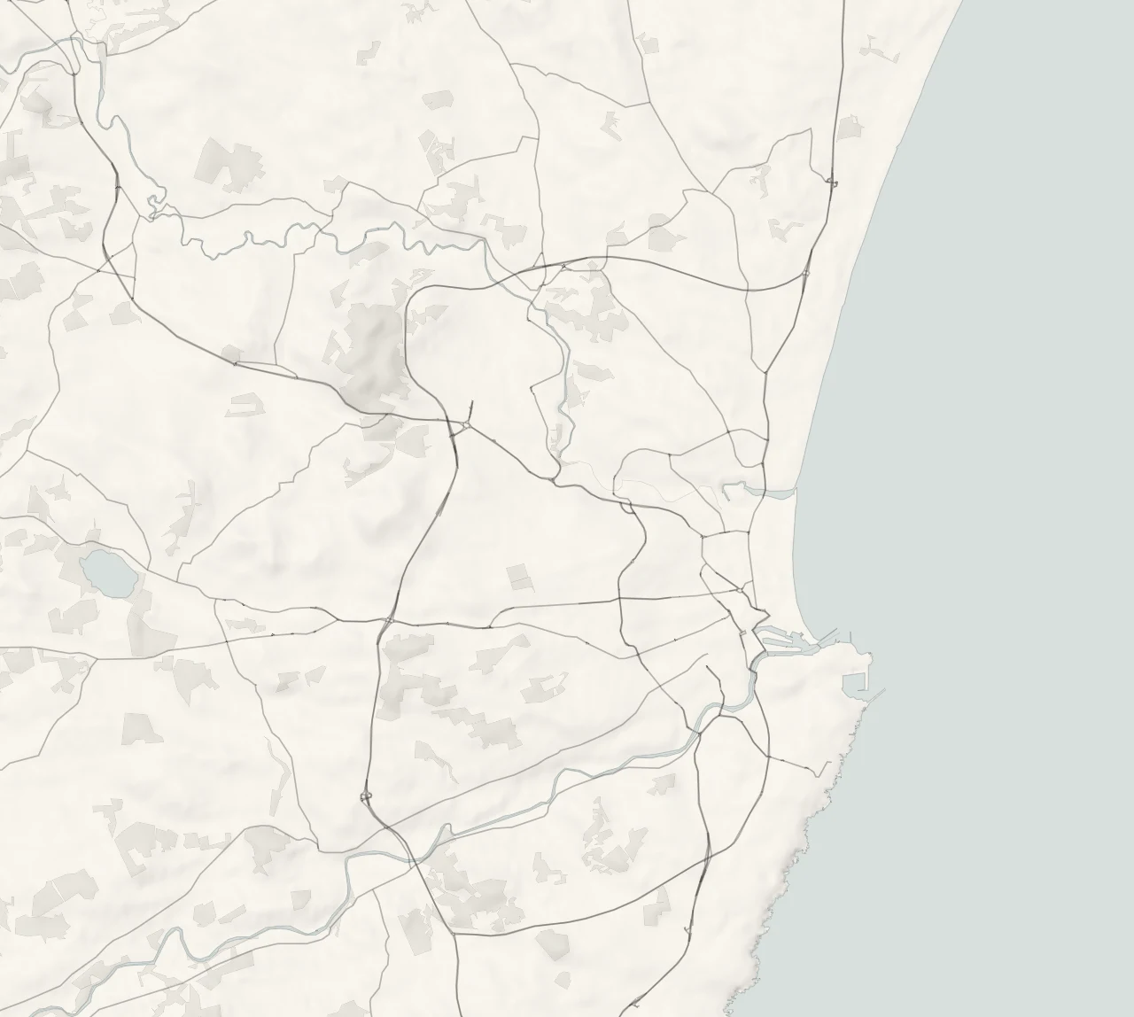 A map of Aberdeen in relief, with its towns and villages and its four parts