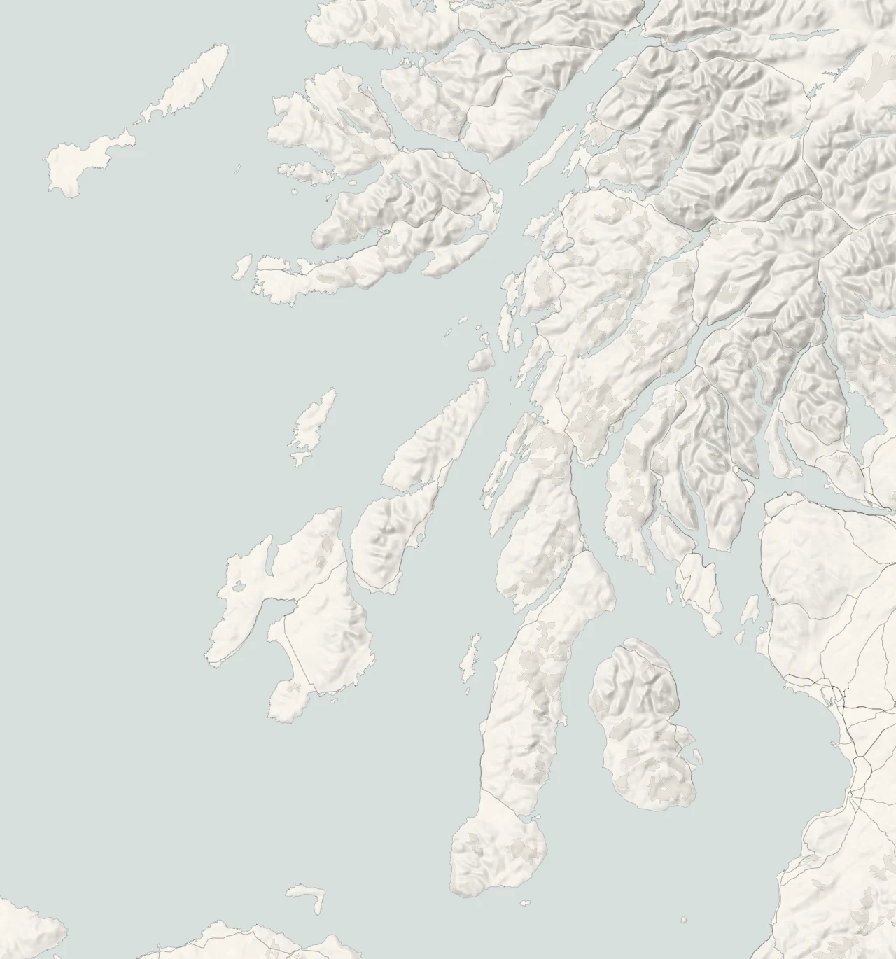 A map of Argyll and Bute in relief, with its towns and villages and its four parts
