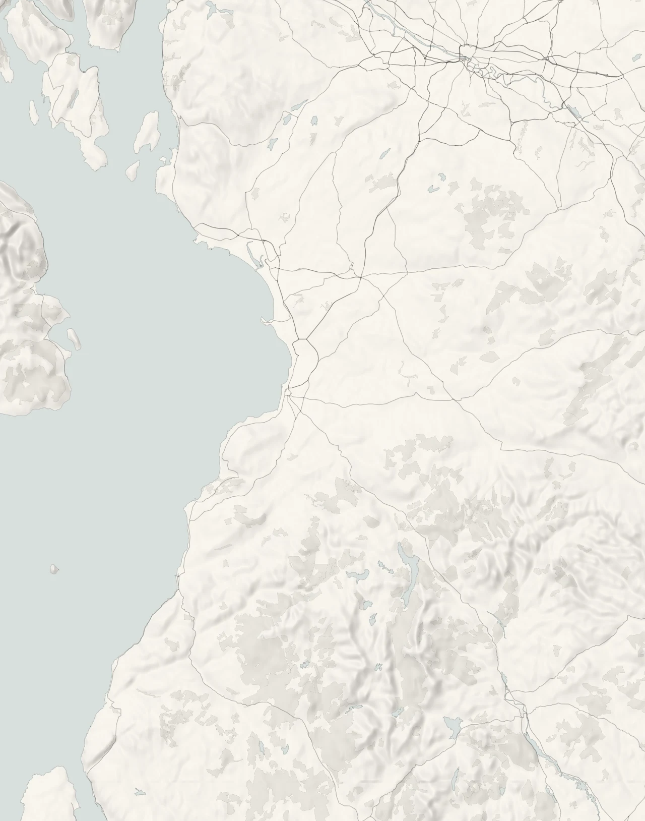 A map of Ayrshire in relief, with its towns and villages and its four parts