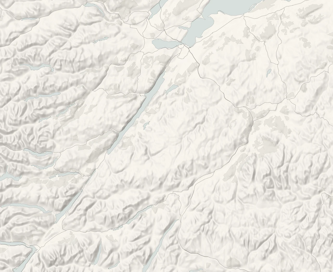 A map of Inverness-shire in relief, with its towns and villages and its four parts
