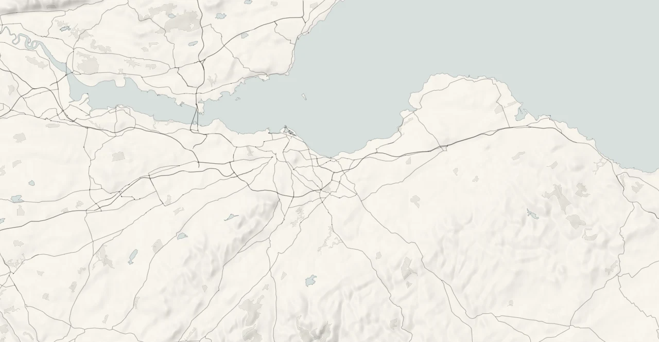 A map of The Lothians in relief, with its towns and villages and its four parts