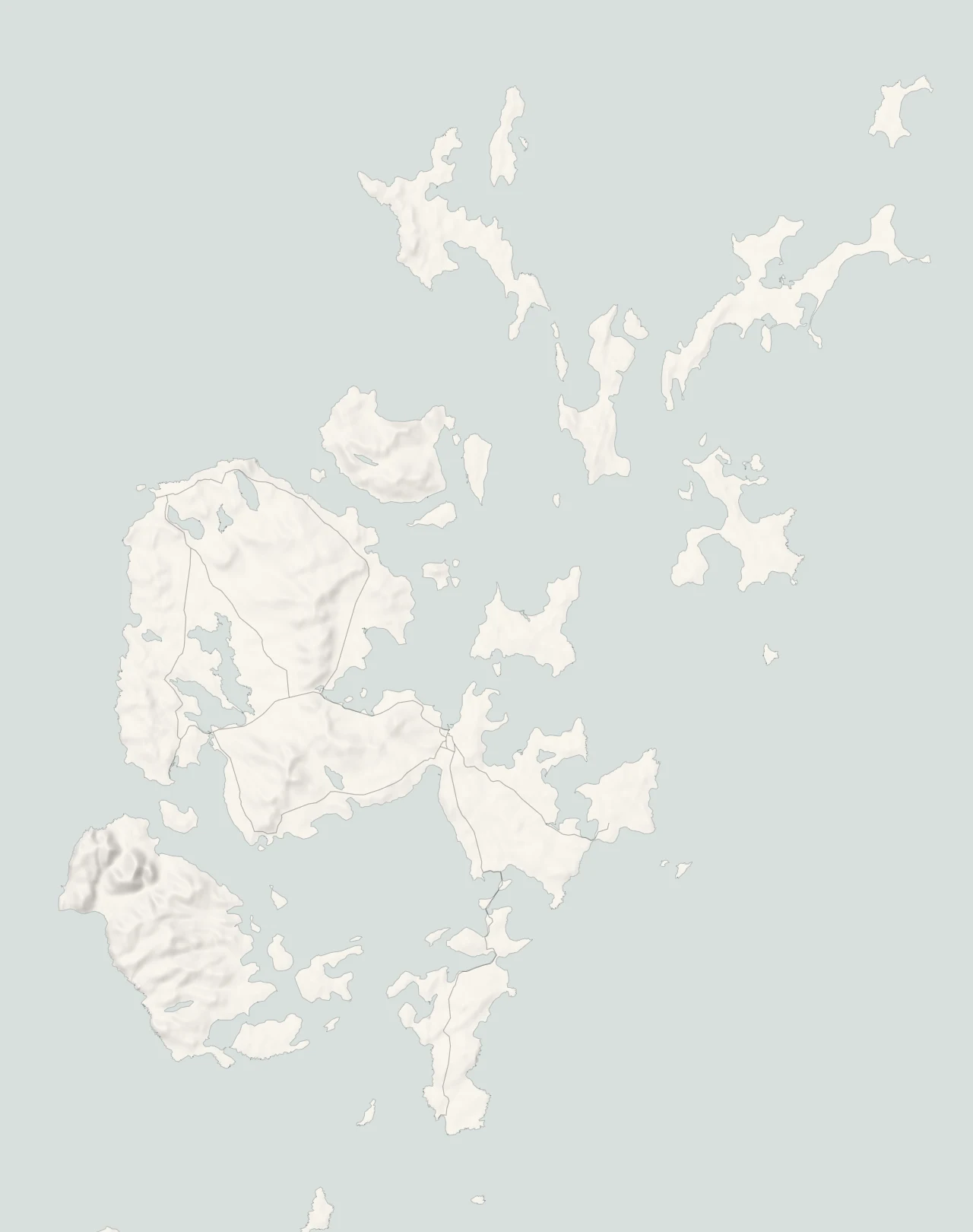 A map of Orkney in relief, with its towns and villages and its four parts