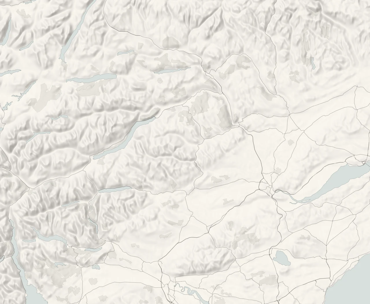 A map of Perthshire in relief, with its towns and villages and its four parts