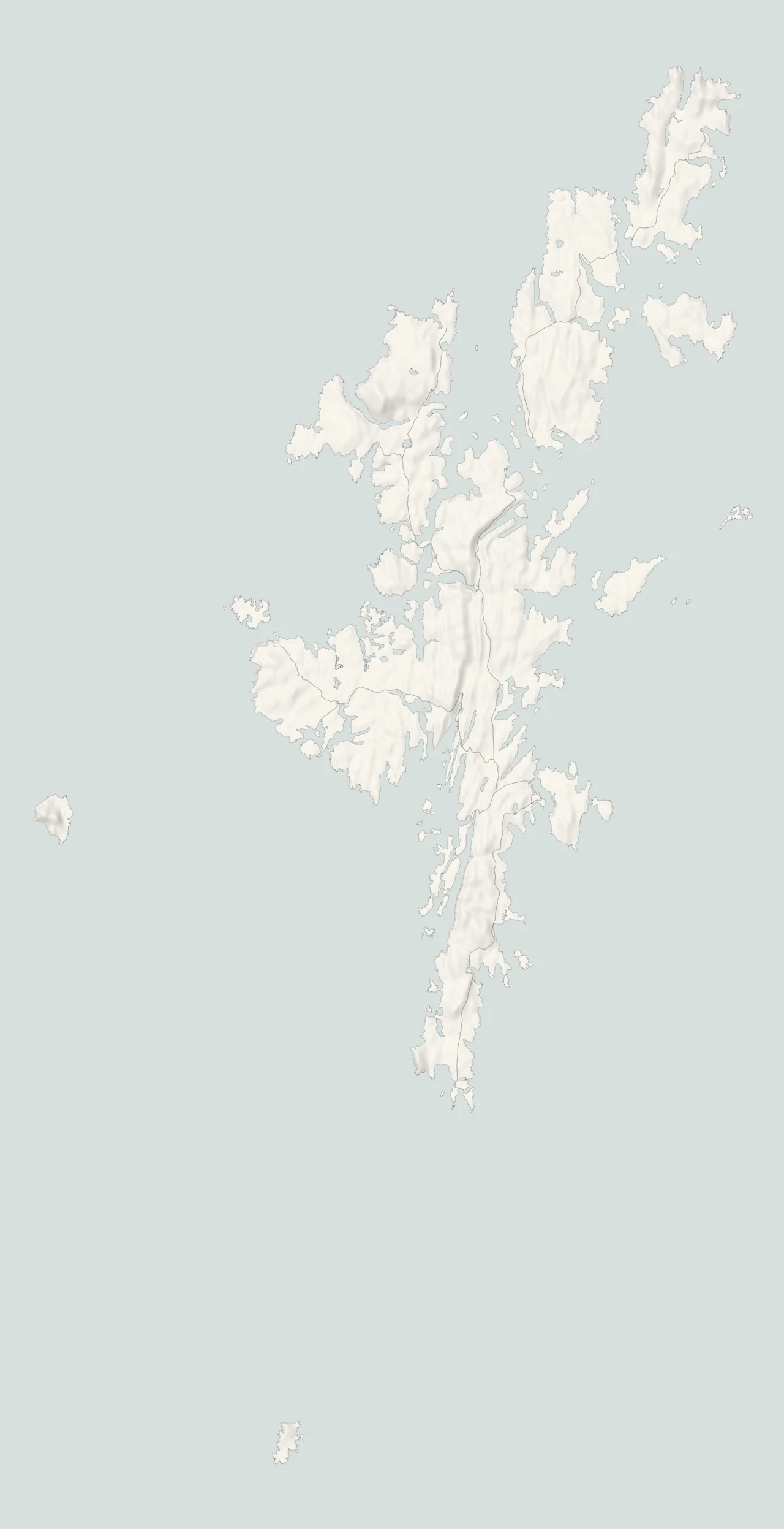 A map of Shetland in relief, with its towns and villages and its four parts