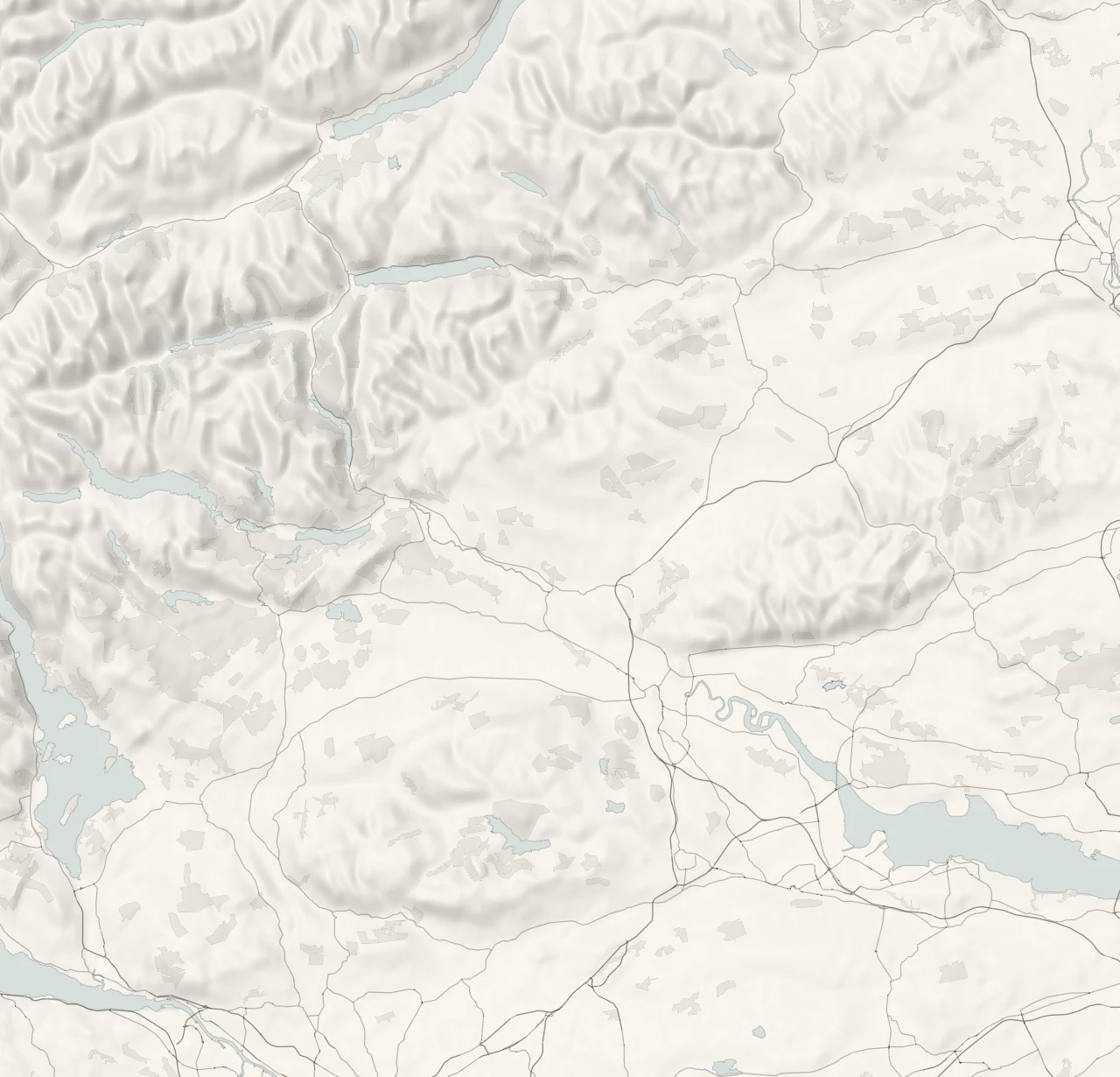 A map of Stirlingshire in relief, with its towns and villages and its four parts