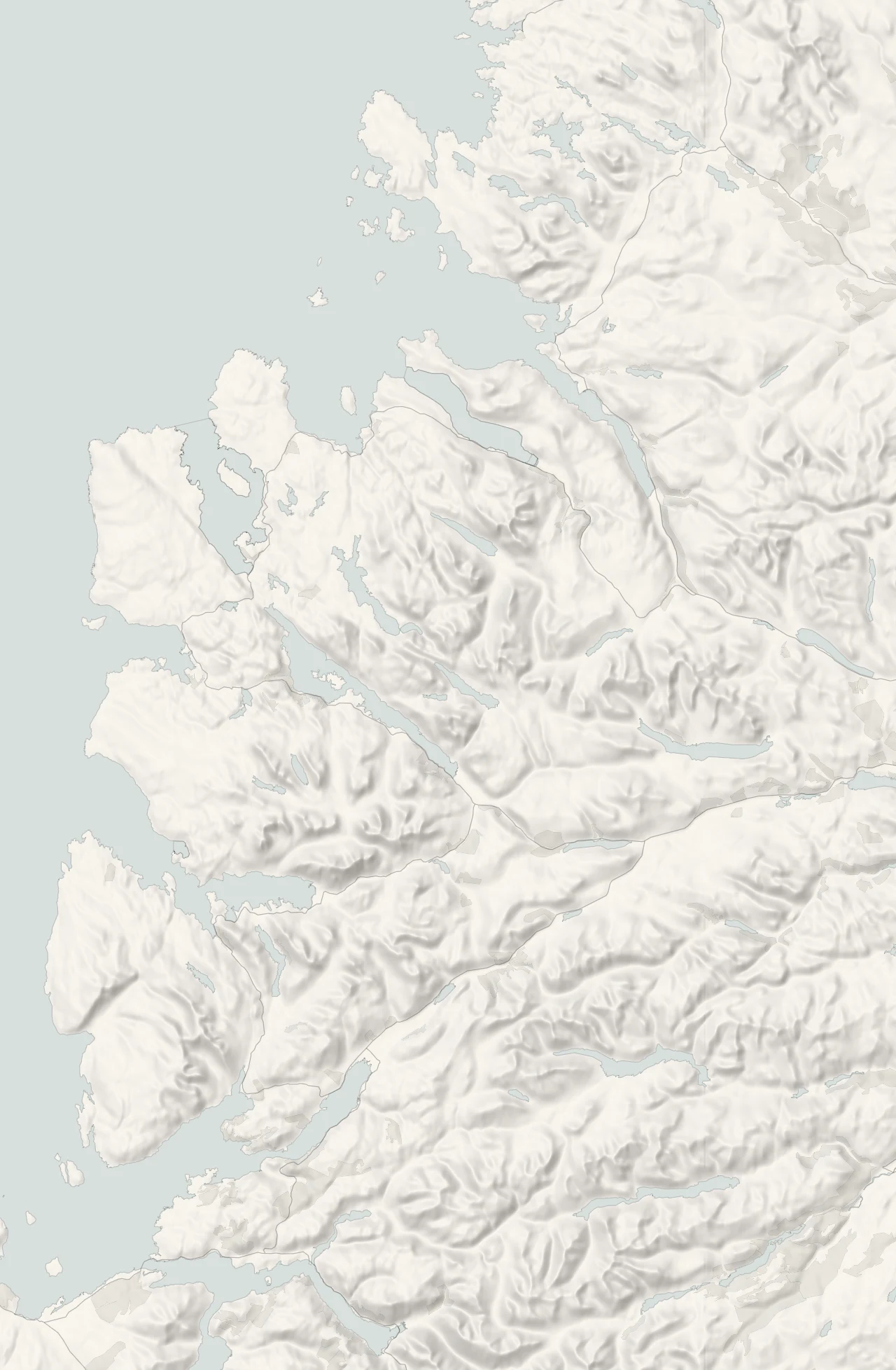 A map of Wester Ross in relief, with its towns and villages and its four parts
