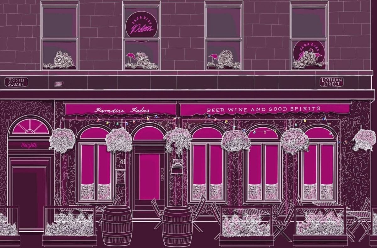 Illustration of Paradise Palms pub on Lothian Street, corner of Bristo Square