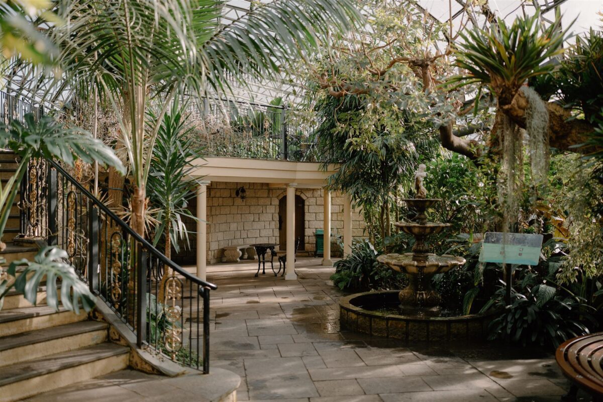 Stone fountain and palm trees inside a glasshouse courtyard with iron staircase