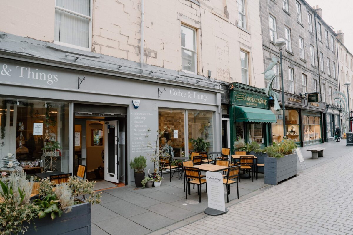 Coffee & Things café with outdoor tables on a quiet Edinburgh street