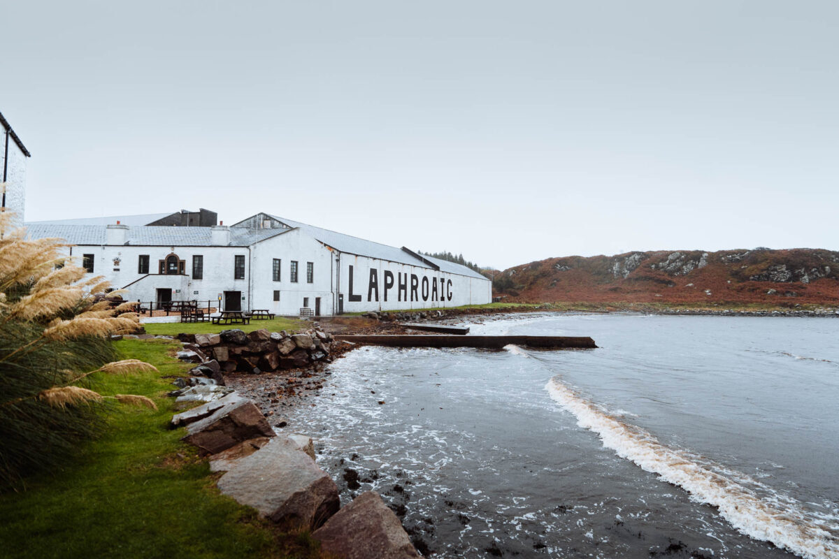 Laphroaig's white warehouses with the name in black across the bay, waves on the stony shore.