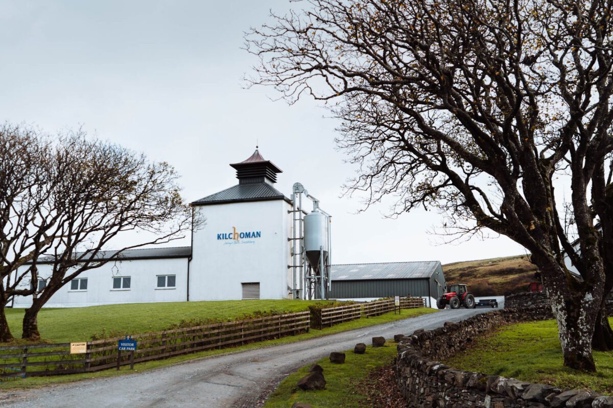 The Kilchoman kiln with its pagoda roof beside the farm road.