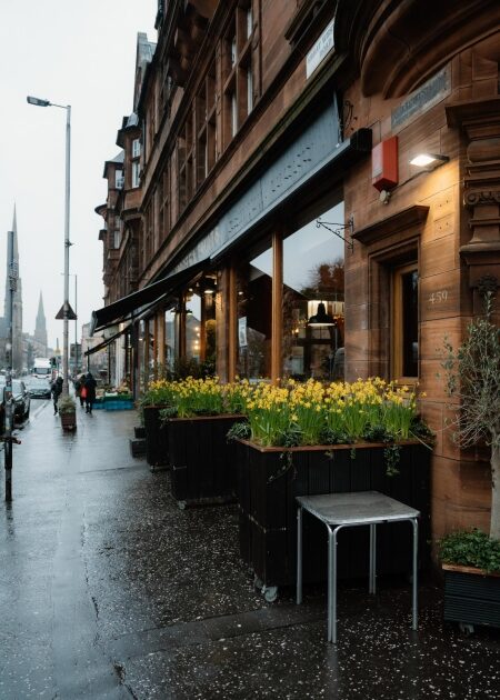 Buckets of flowers along the pavement on a wet day on Great Western Road.
