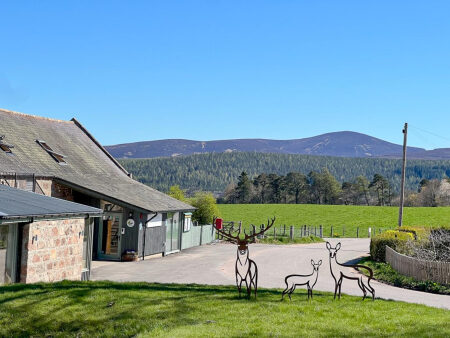 Finzean Farm Shop and tearoom with the Feugh valley beyond.